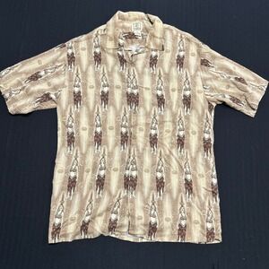 Morro Bay Mens Medium Hula Girl Surfboard Hawaiian Shirt Tan Viscose Button Up